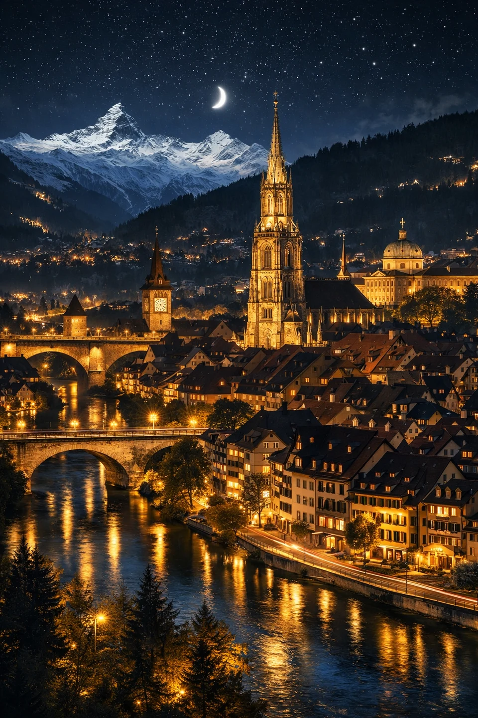AI-generated Swiss city and mountain scene for ACE and City of Bern engagements